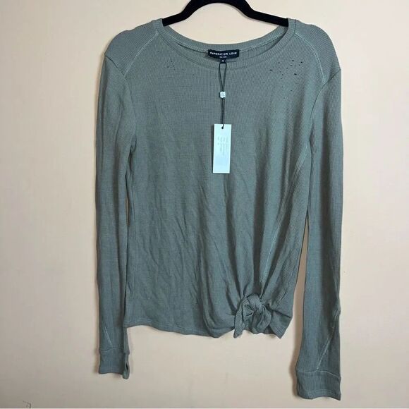 Generation Love Army Green Distressed Dylan Tie Front Waffle Knit L/S Tee XS - Picture 1 of 8